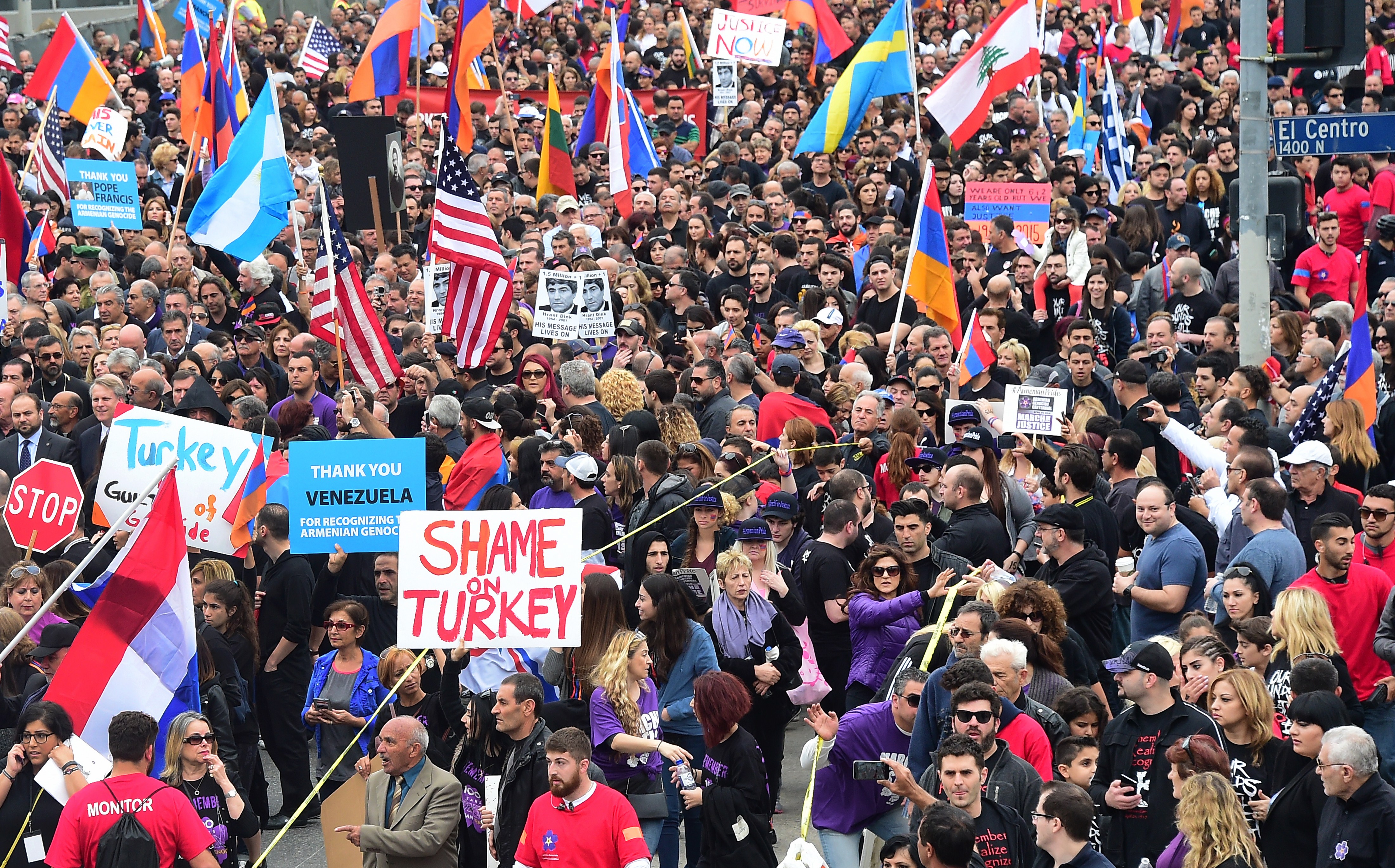 Tens of thousands of Armenian Americans take to the streets of Los Angeles on April 24, 2015, to march for justice and in memory of victims of the Armenian genocide. The event marks the centenary of the massacre of some 1.5 million Armenians by Ottoman forces.