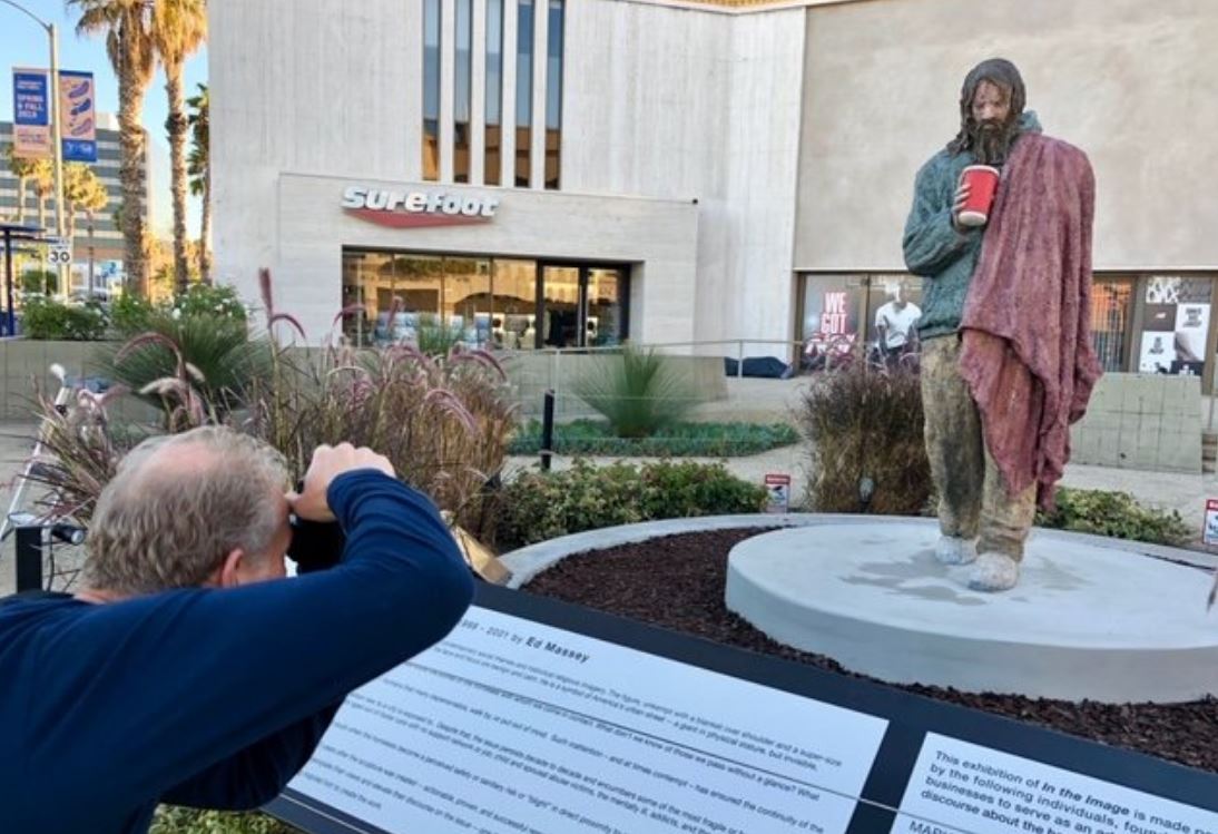 7-Foot-Tall Statue Of Bearded Homeless Man Goes Up In Front Of Former Santa Monica Bank Building