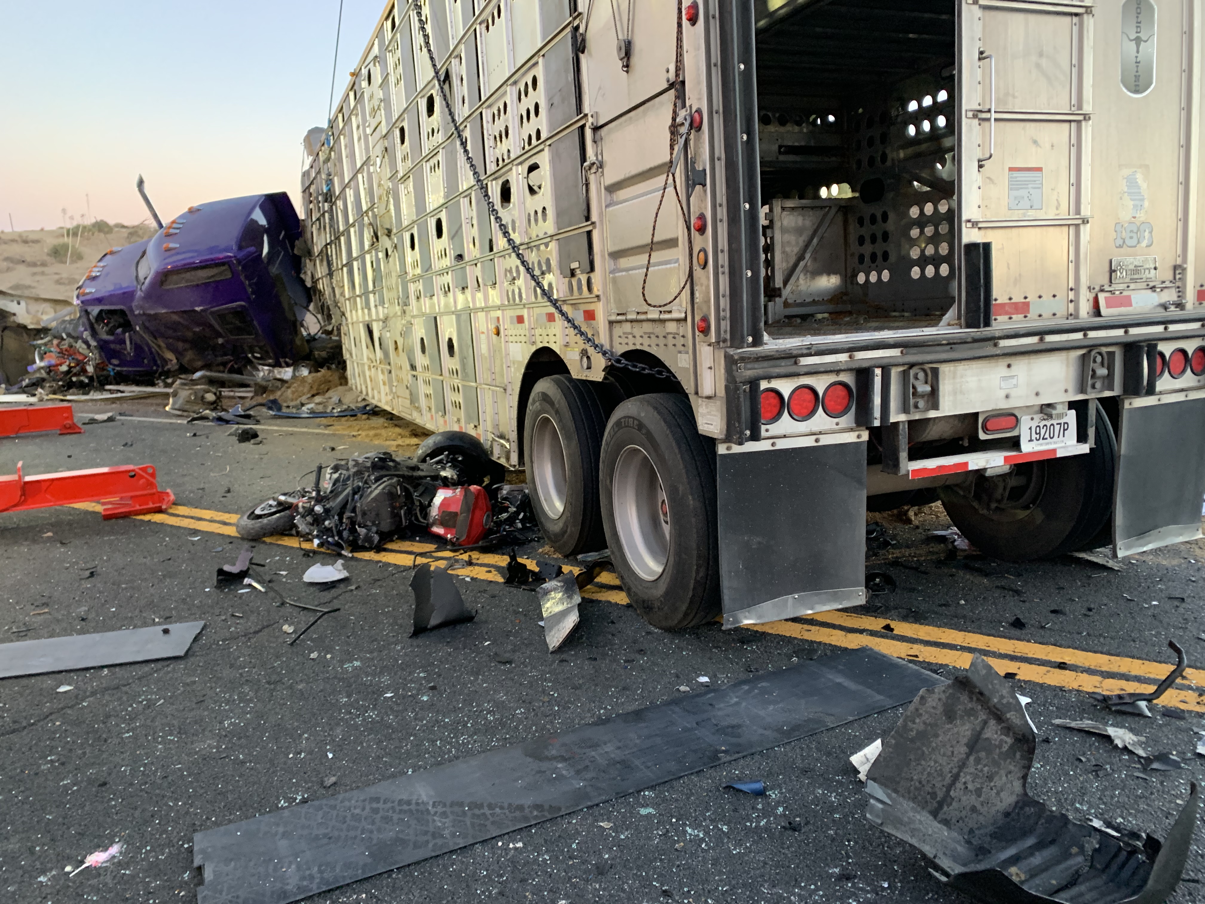 14 Cattle Killed After Big Rig Crashes Into Motorcycle Abandoned On Highway 395 In Hesperia